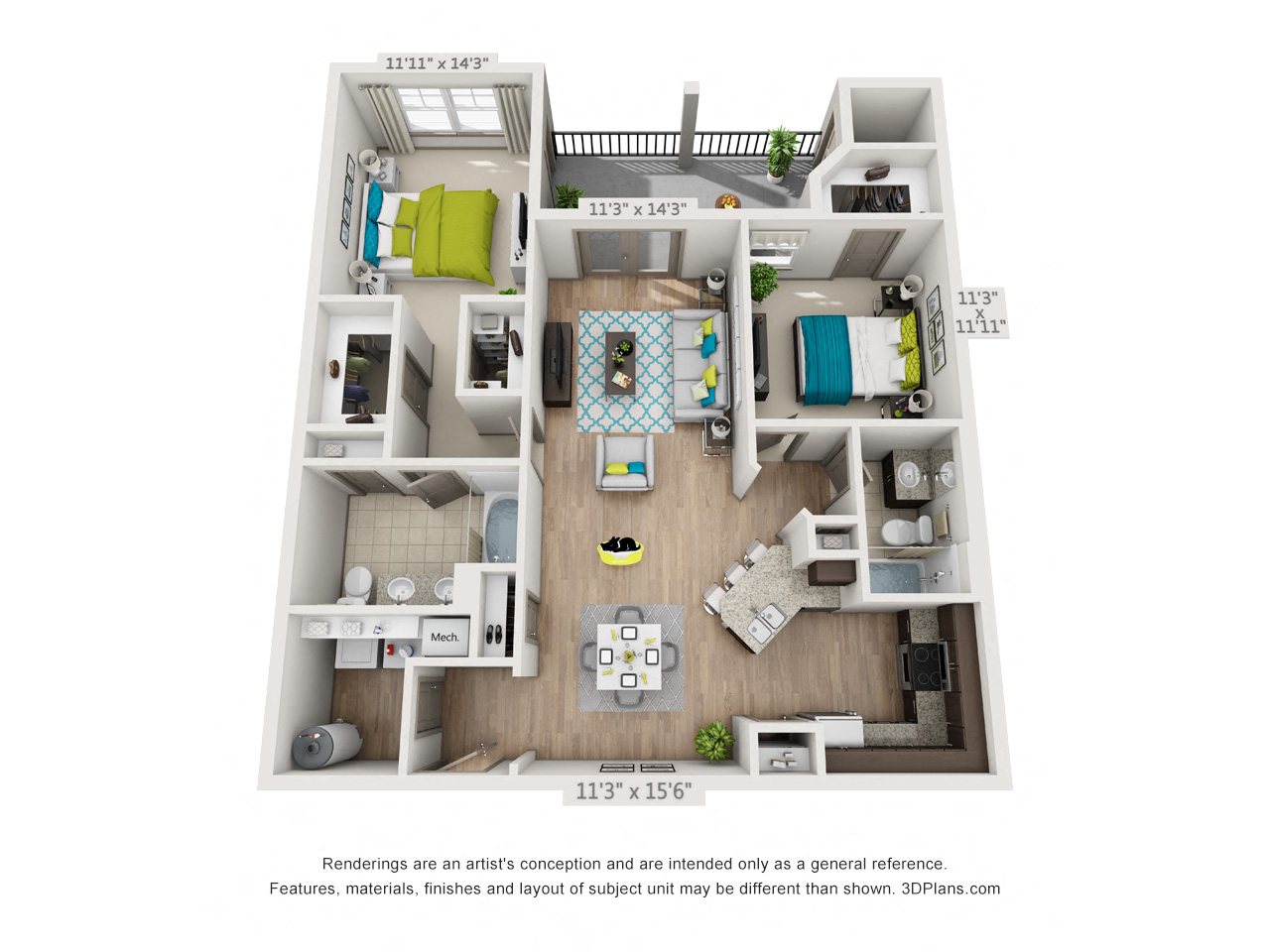 Floor plan for 2 beds, 2 baths, 1177 sqft